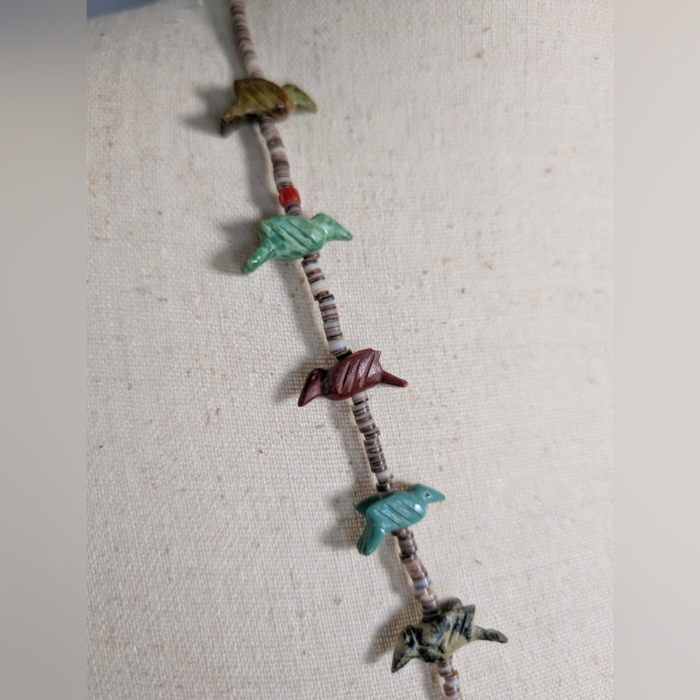 Vintage 19-Bird Fetish Necklace w. Turquoise and Heishi Beads 28" - Picture 2 of 8